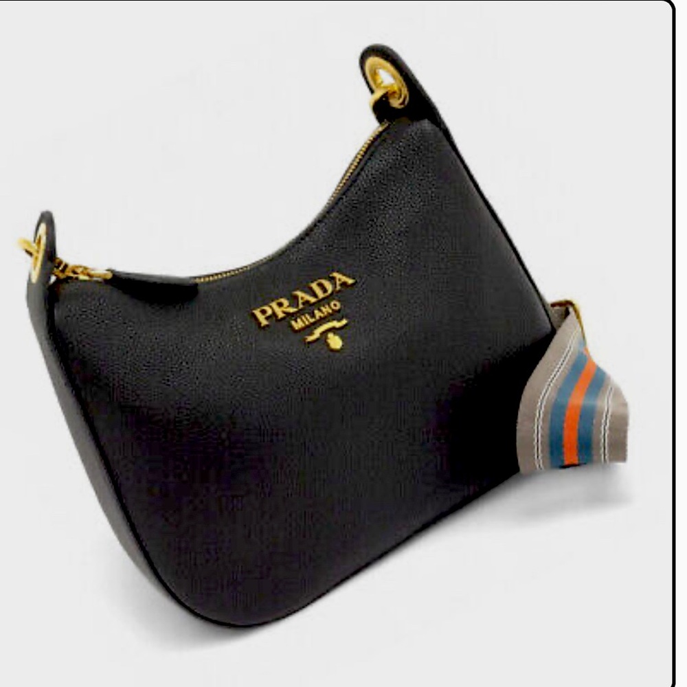 Authentic Pristine Prada Vitello Phenix Leather Web Stripe Strap Crossbody Bag